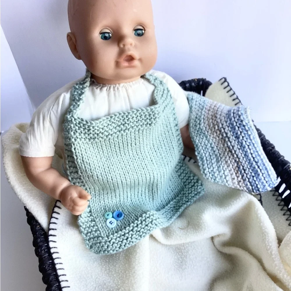 Baby Bib Set Washcloth Hand Crafted Green Cotton Knit Floral